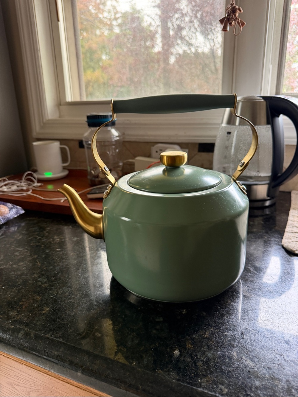 Green Teakettle with Gold Accents - Home Kitchen